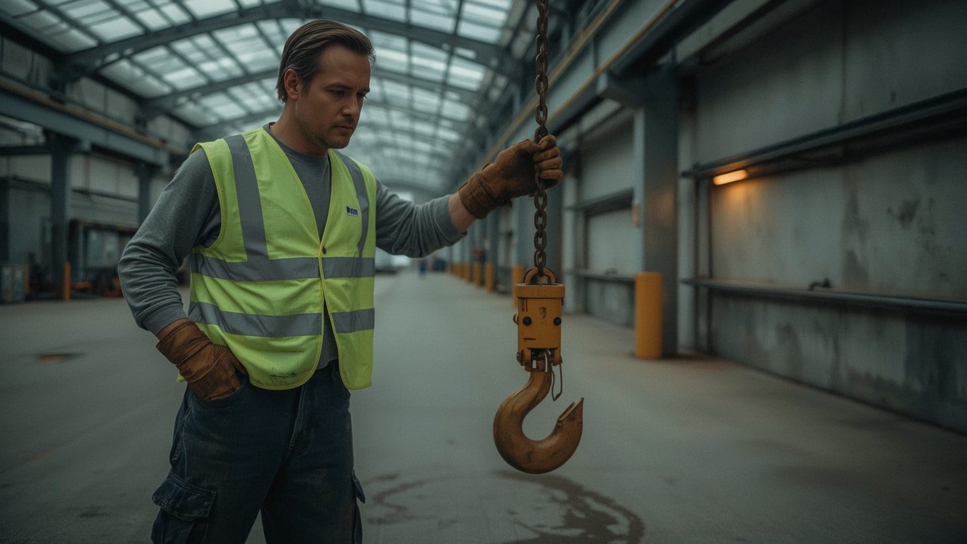 Maintenance technician inspecting overhead crane hook during daily safety checklist