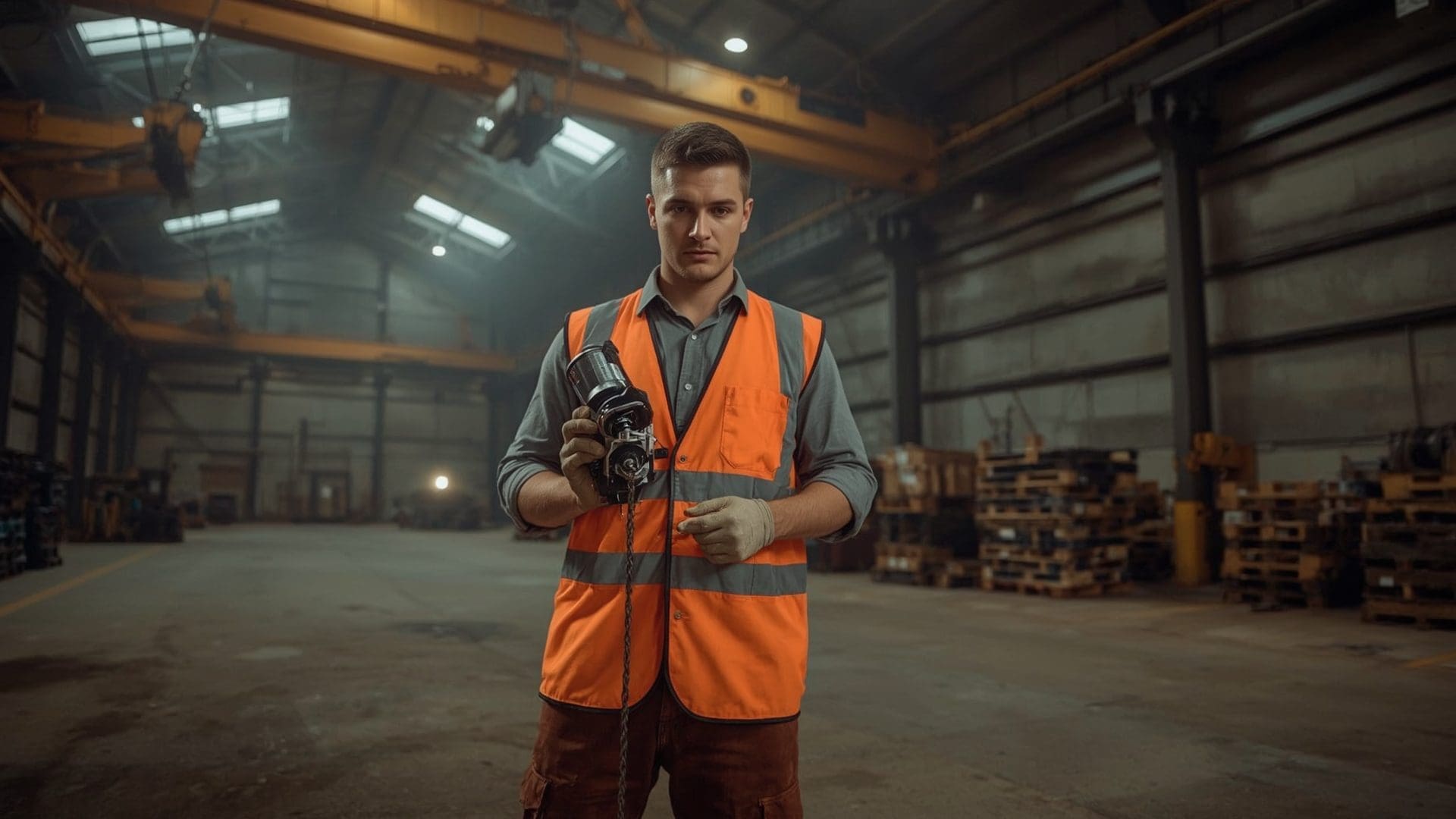 Technician using pressure lubricator device on industrial wire rope in service