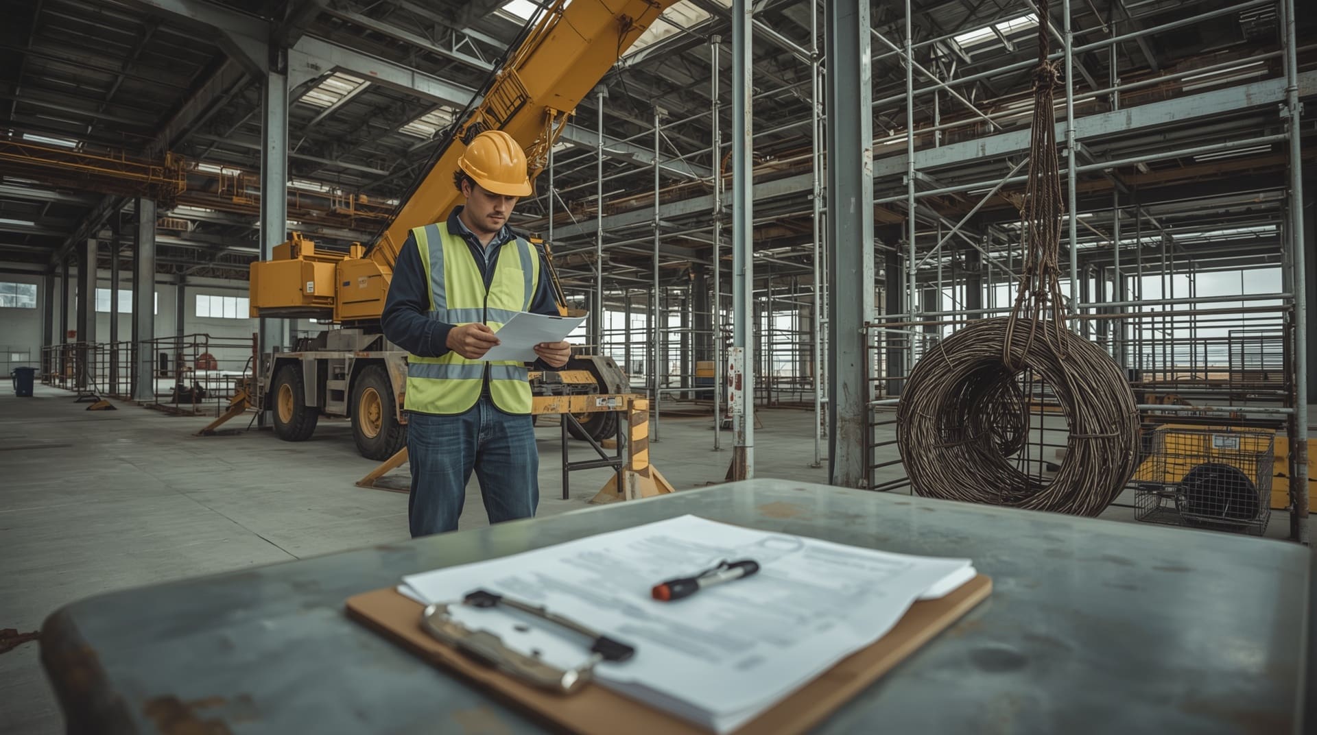 Safety supervisor reviewing rigging qualification documents with construction worker on job site