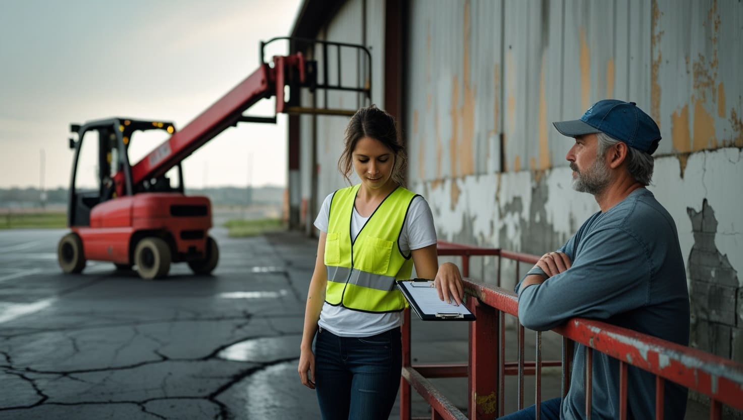 A trainer reviewing a written safety checklist with a worker near an aerial boom lift.