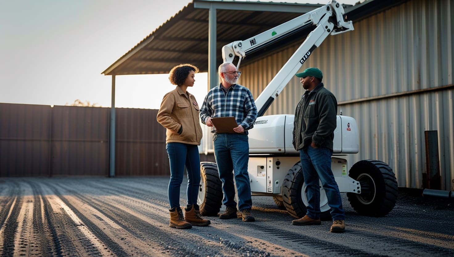 A small group completing a hands-on aerial lift skills evaluation outdoors.
