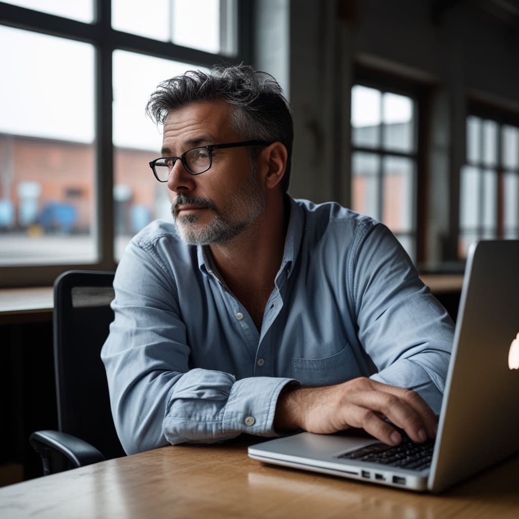 A safety manager viewing a crane maintenance dashboard on a laptop in an office overlooking a warehouse floor..