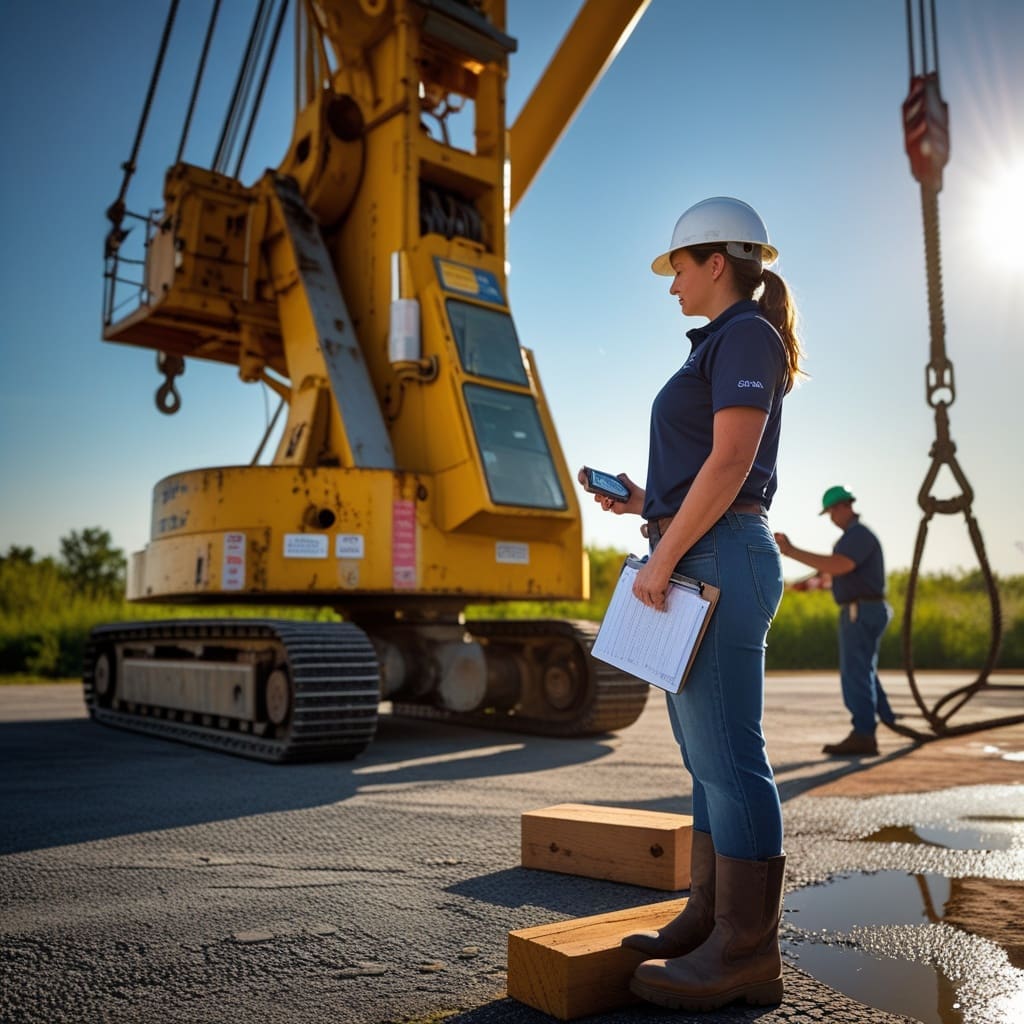 A third-party inspector performing a load test on a mobile crane at a construction site..