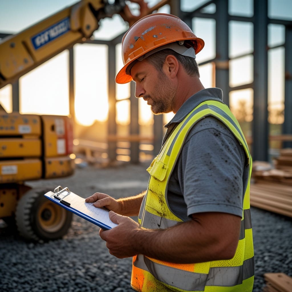 Cover photo showing a construction worker standing beside a boom lift on an active job site, reviewing a clipboard before operation.