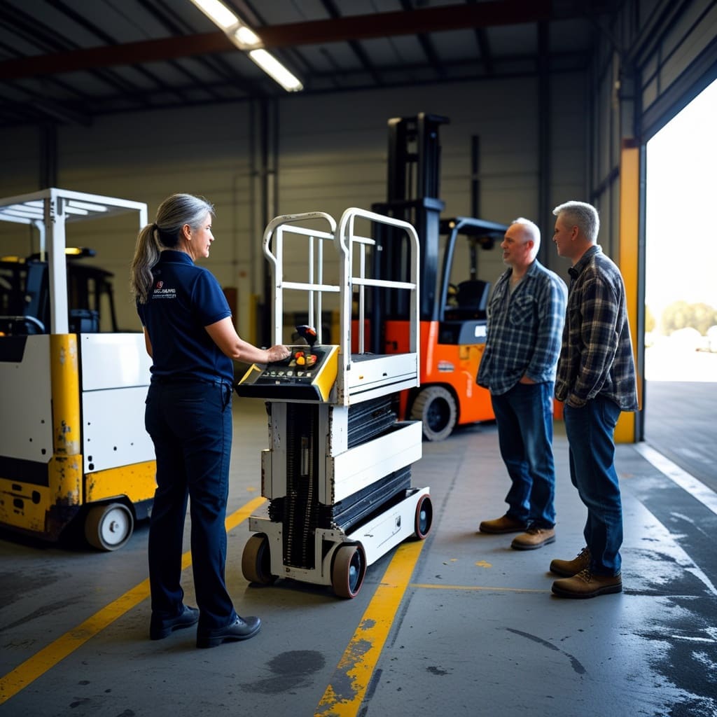 A trainer demonstrating scissor lift controls to a small group during a hands-on certification session.