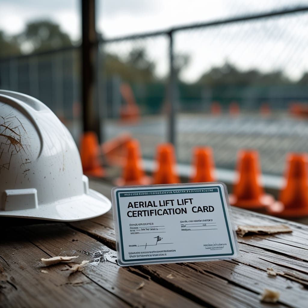 A close-up scene of a certification card and safety helmet resting on a worksite table during a break.