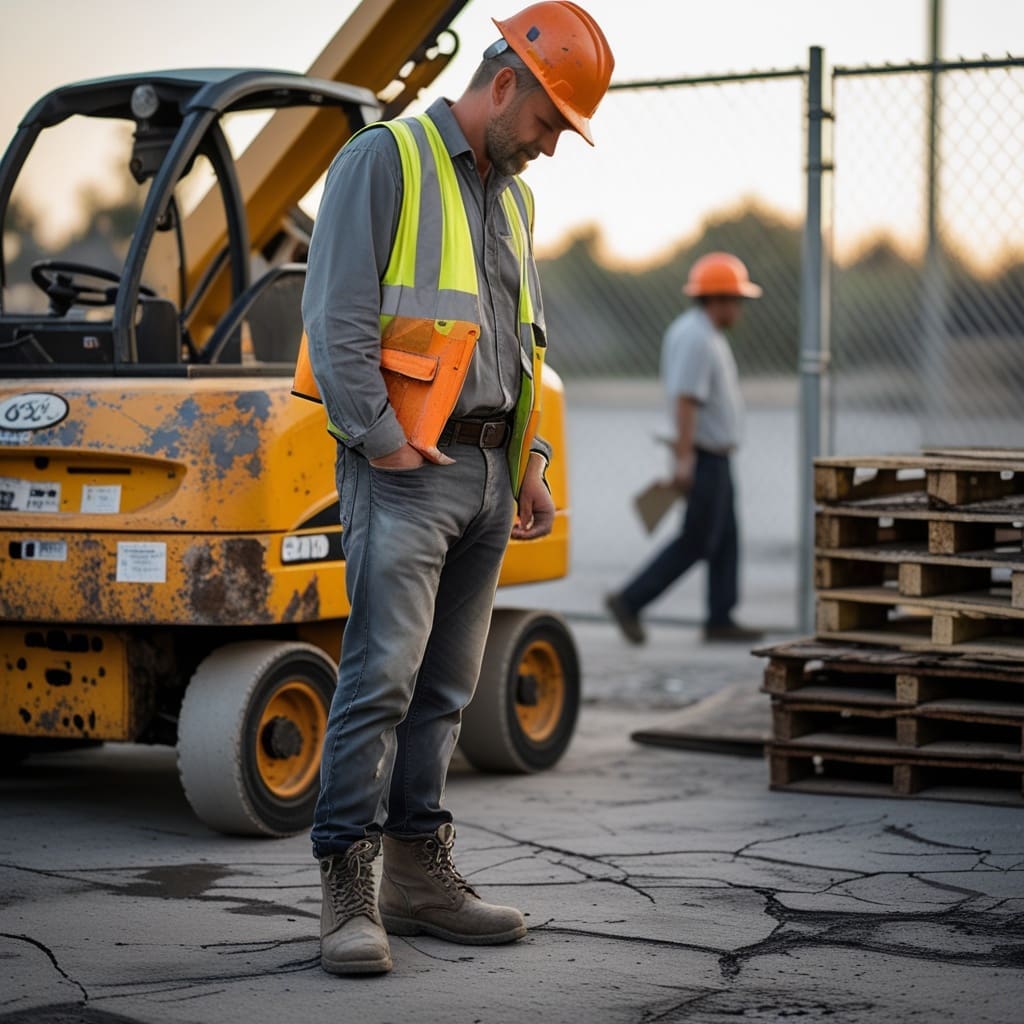 Cover photo showing a construction worker standing beside a boom lift on a job site, reviewing a clipboard before operation..