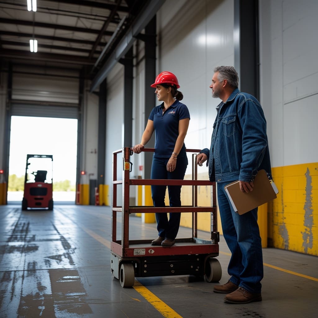 A warehouse worker being evaluated on a scissor lift by a trainer holding a checklist..