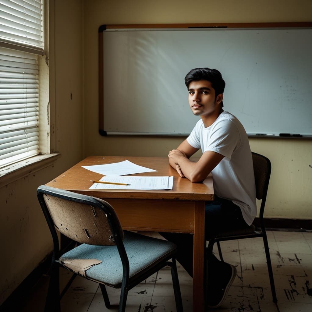 Close-up of a written safety exam and pencil on a table inside a training classroom.