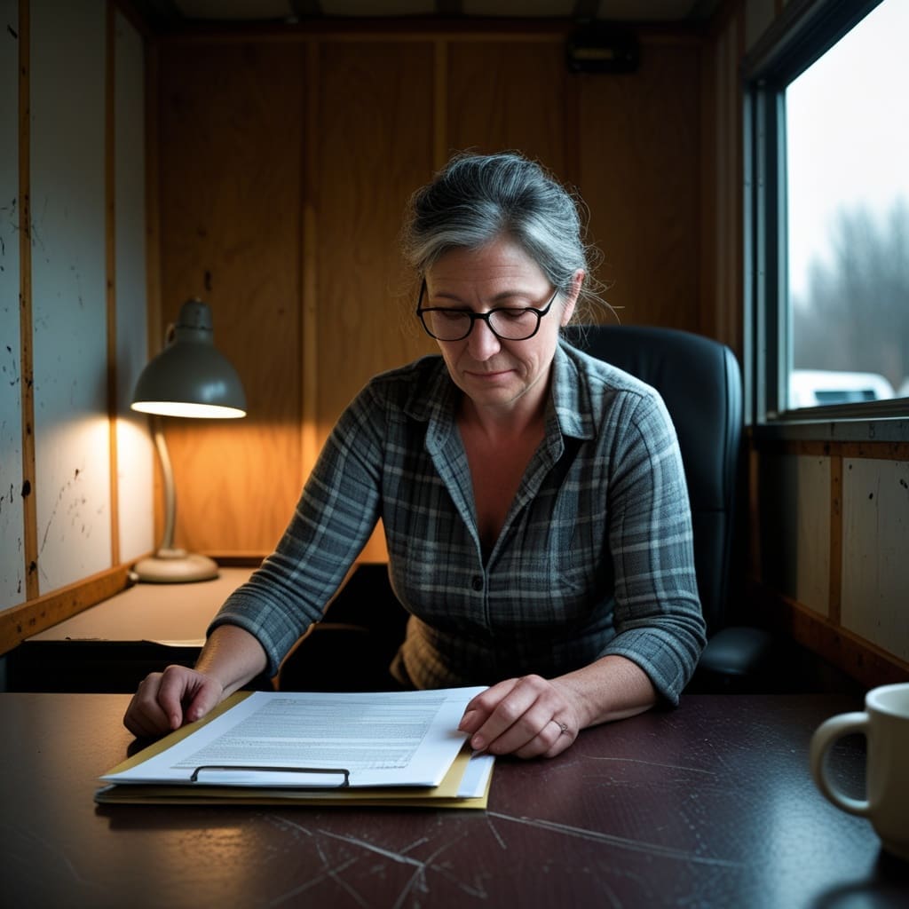 A supervisor reviewing training certification paperwork in a construction site office trailer..