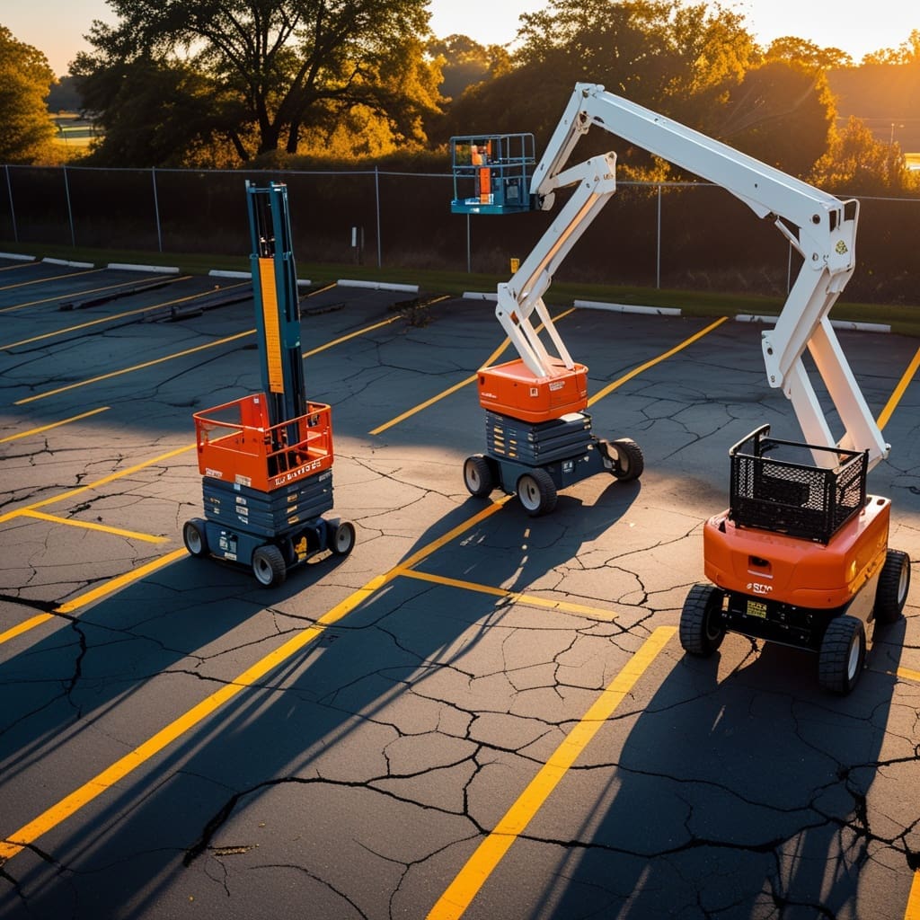 A rental yard with several types of aerial lifts parked side by side, showing size differences.