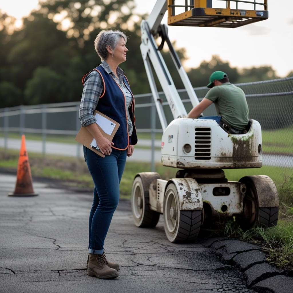 A safety trainer conducting a hands-on evaluation next to a boom lift..