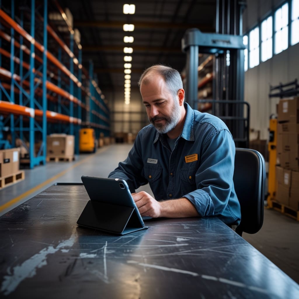 A warehouse worker reviewing a written safety exam on a tablet before operating a lift.