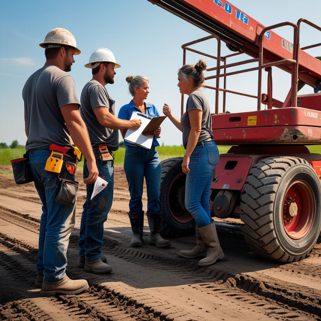 A small group discussing a safety checklist near a parked aerial boom lift at a job site..