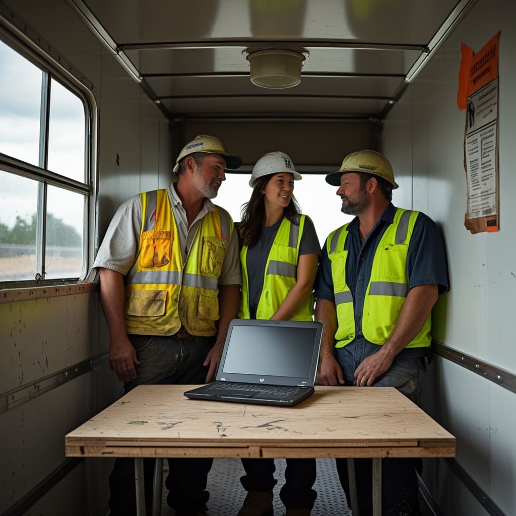 A small group of workers gathered near a laptop reviewing an online training module before a hands-on test.