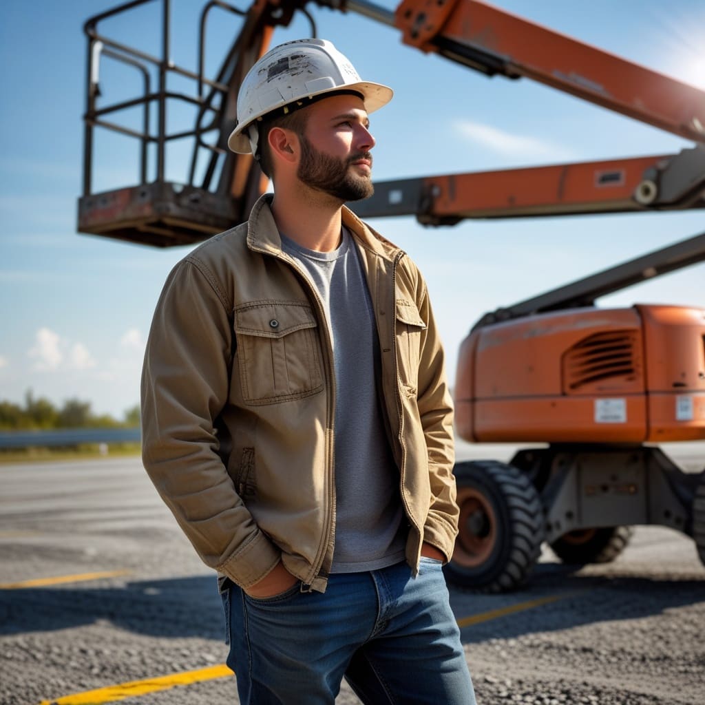 A worker standing at the base of a boom lift filling out paperwork on a rigid clipboard before an evaluation.