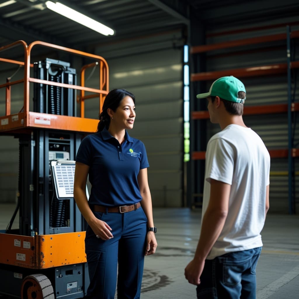 A safety trainer conducting a hands-on scissor lift evaluation with a trainee in a warehouse setting.