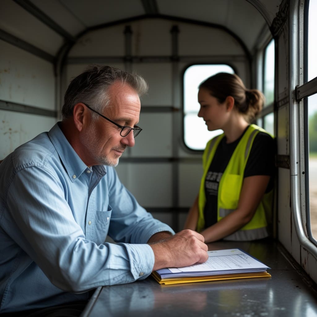 An OSHA compliance officer reviewing training records with a site supervisor at a construction office trailer..