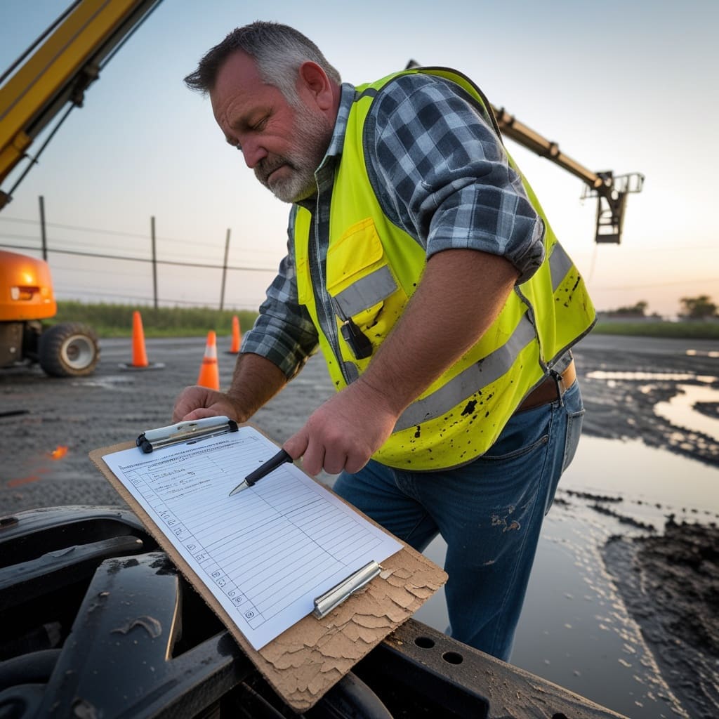 Supervisor reviewing a boom lift inspection checklist near equipment at a job site..