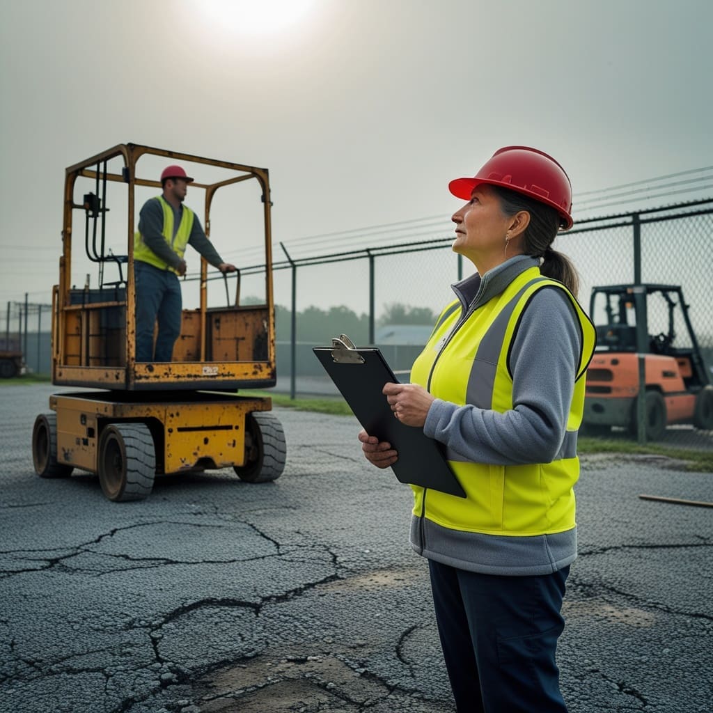 A safety supervisor conducting a hands-on aerial lift evaluation with a worker standing in a scissor lift basket at an outdoor warehouse yard.