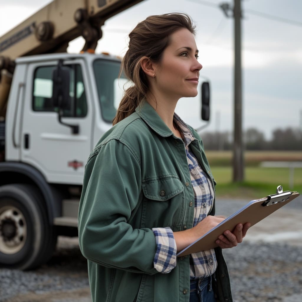 Close-up of a worker reviewing a safety inspection checklist near an aerial lift before operating it..