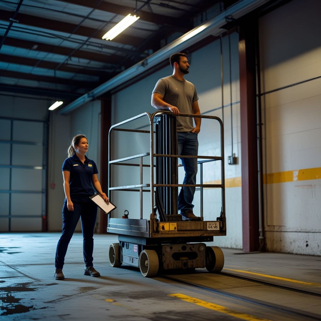 A trainer evaluating an operator on a scissor lift during a hands-on renewal assessment.