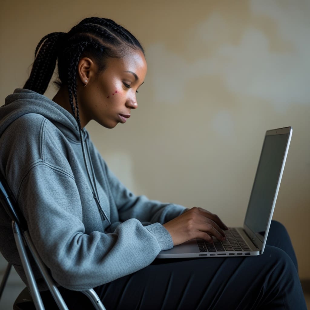 An operator completing an online renewal course on a laptop in a break room..