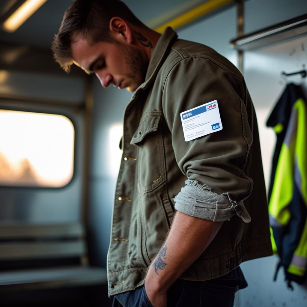 A close-up of a worker checking their aerial lift certification wallet card before starting a shift..