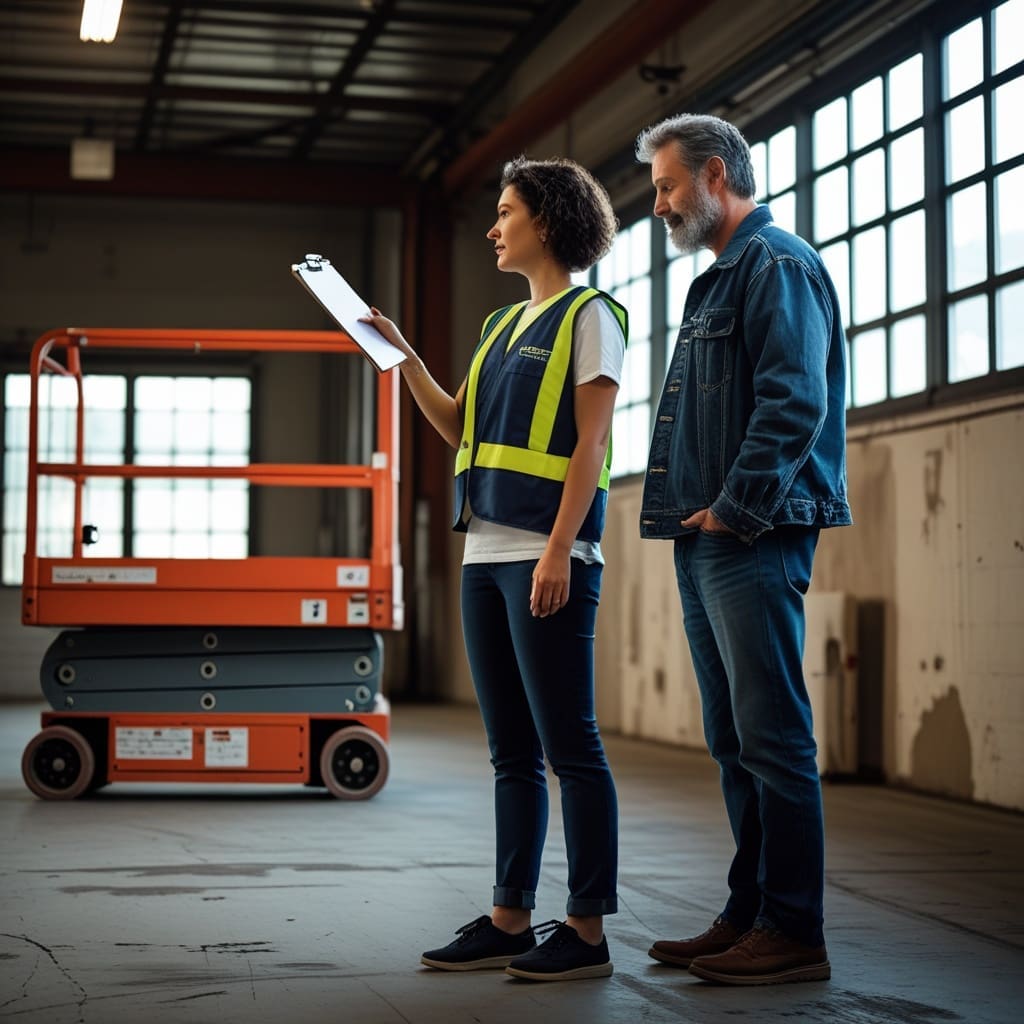 A safety trainer reviewing a checklist with an aerial lift operator during a hands-on practical evaluation.