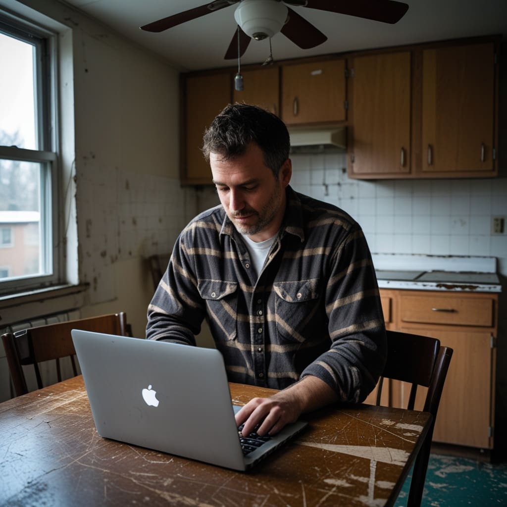 A worker at home checking his aerial lift certification renewal date on a laptop at a kitchen table.